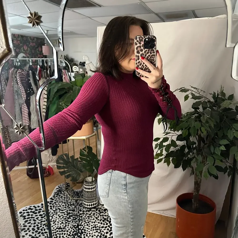 free people maroon ribbed waffle knit thermal mock neck